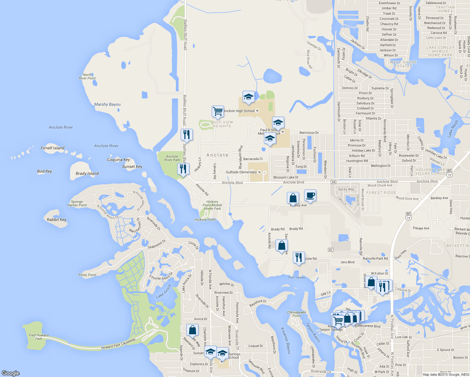 map of restaurants, bars, coffee shops, grocery stores, and more near 1001 Anclote Boulevard in Tarpon Springs