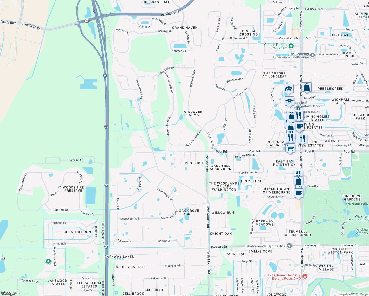 map of restaurants, bars, coffee shops, grocery stores, and more near 3987 Sparrow Hawk Road in Melbourne