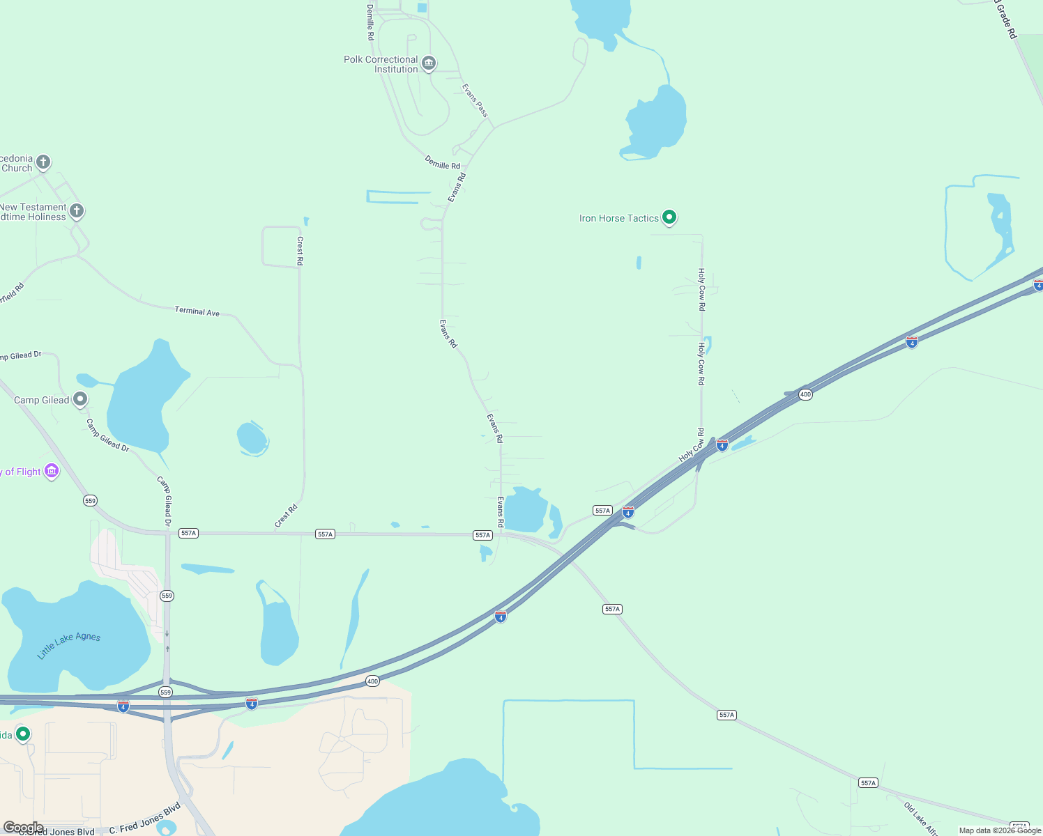 map of restaurants, bars, coffee shops, grocery stores, and more near 9521 Evans Road in Polk City