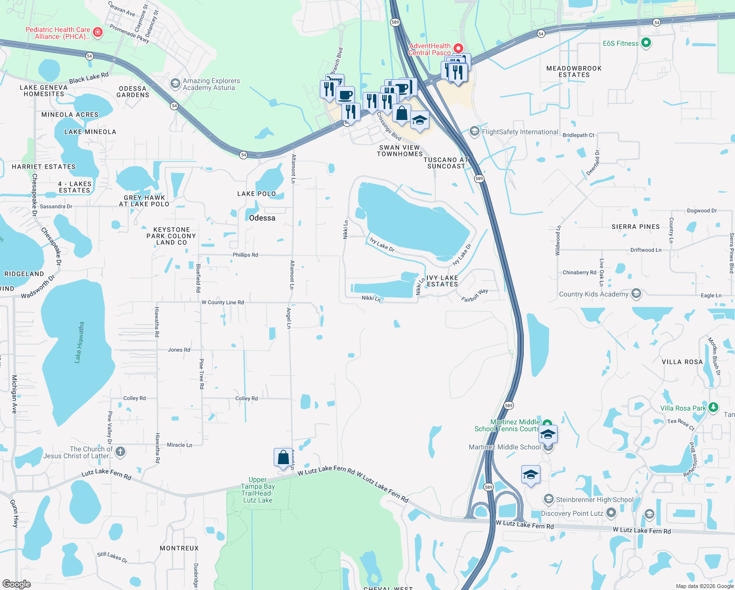 map of restaurants, bars, coffee shops, grocery stores, and more near 16515 Nikki Lane in Odessa