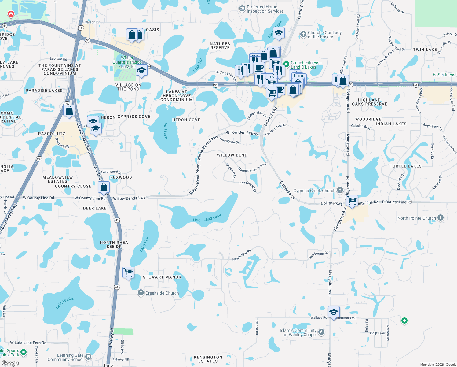 map of restaurants, bars, coffee shops, grocery stores, and more near 1301 Fox Chapel Drive in Lutz
