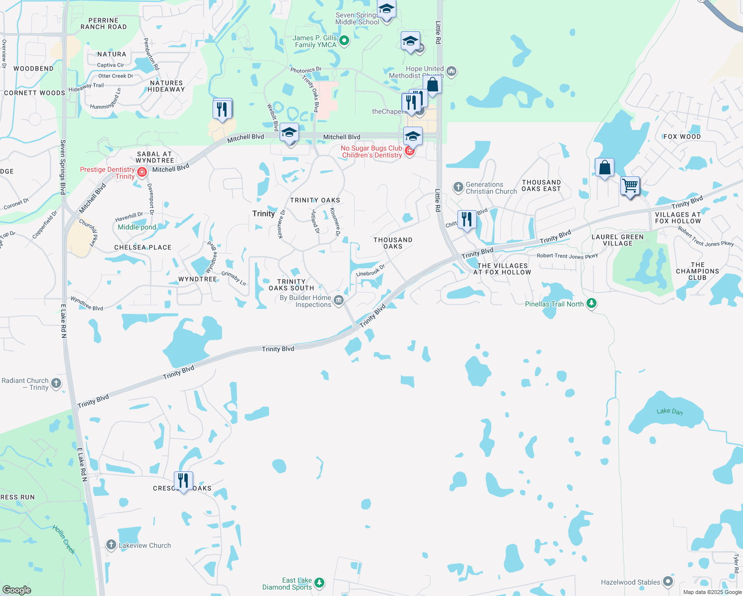map of restaurants, bars, coffee shops, grocery stores, and more near 8650 Lovas Trail in Trinity