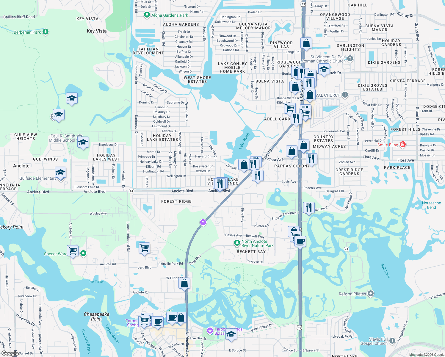 map of restaurants, bars, coffee shops, grocery stores, and more near 1034 Bowsprit Lane in Holiday