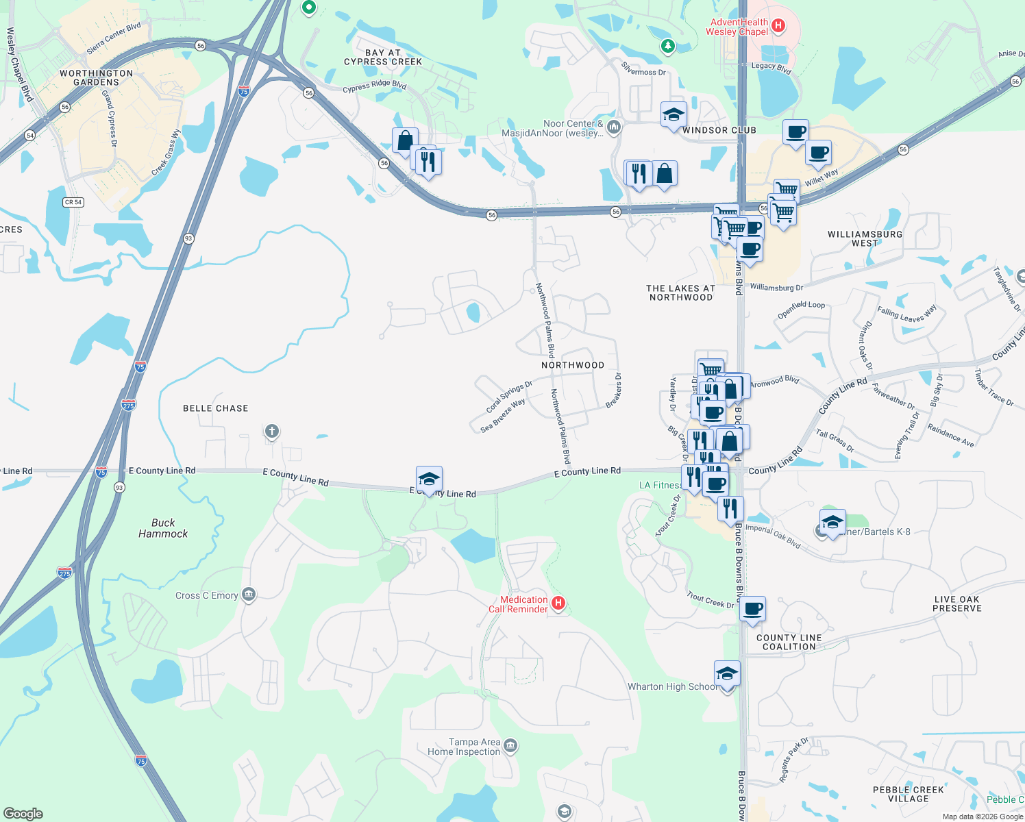 map of restaurants, bars, coffee shops, grocery stores, and more near 27112 Sea Breeze Way in Wesley Chapel