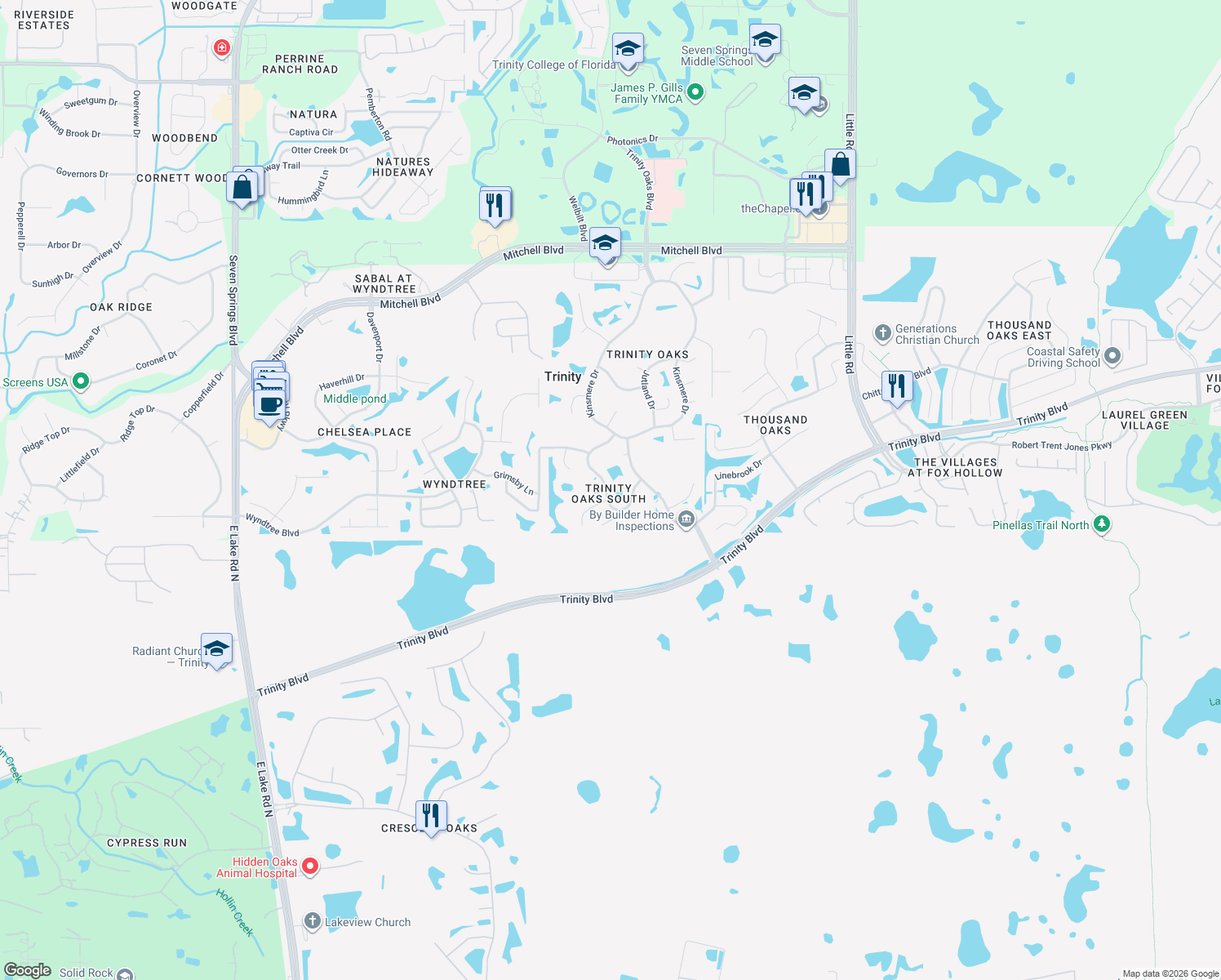 map of restaurants, bars, coffee shops, grocery stores, and more near 1122 Maravista Drive in Trinity