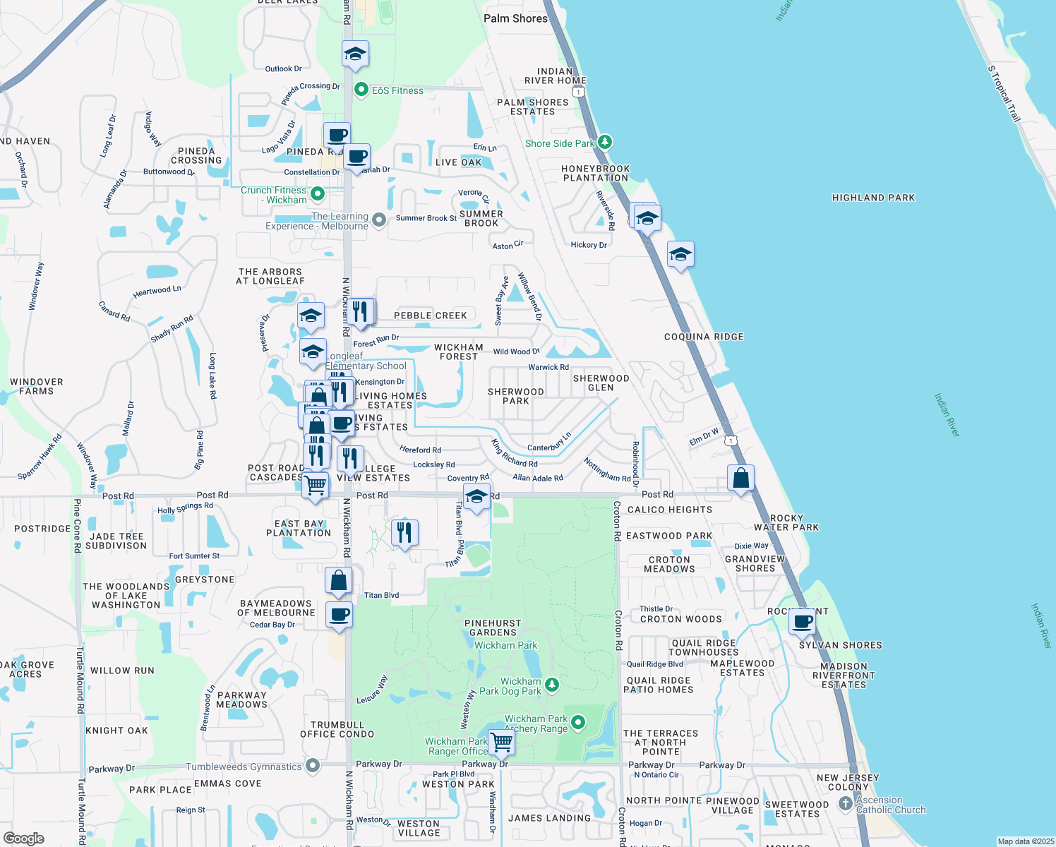 map of restaurants, bars, coffee shops, grocery stores, and more near 4244 Sherwood Boulevard in Melbourne