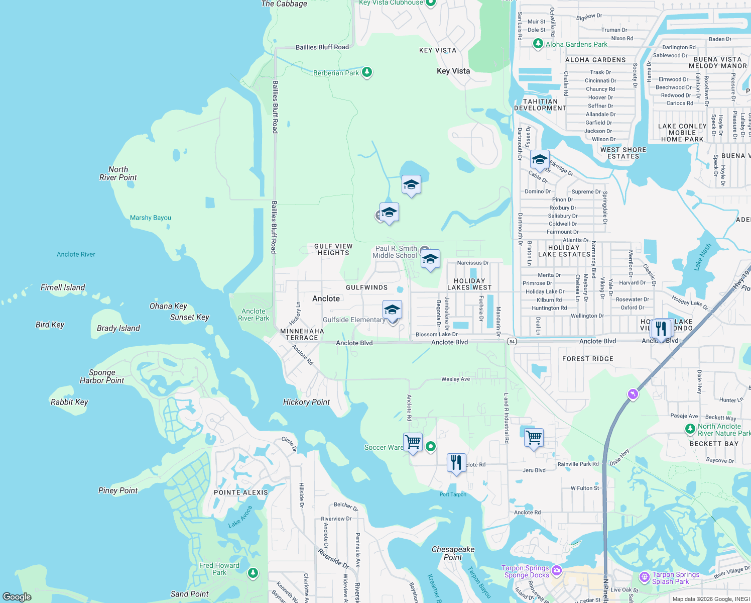 map of restaurants, bars, coffee shops, grocery stores, and more near 2211 Barracuda Court in Holiday