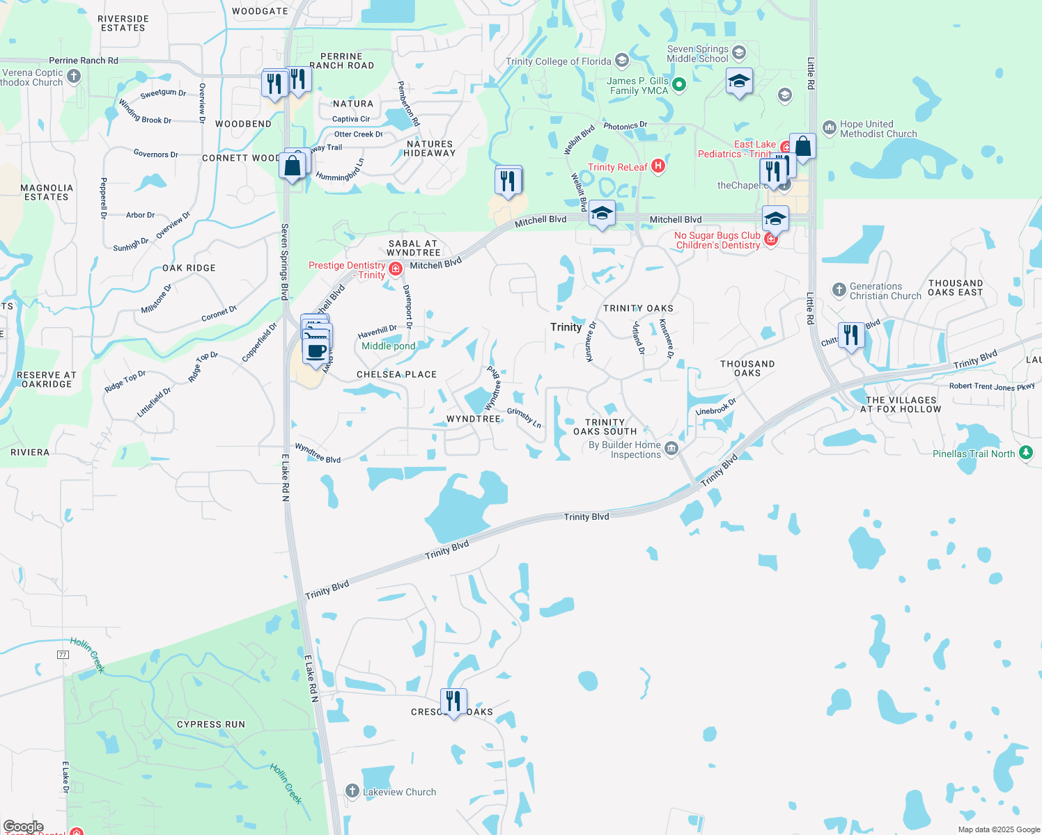 map of restaurants, bars, coffee shops, grocery stores, and more near 7834 Grimsby Lane in New Port Richey