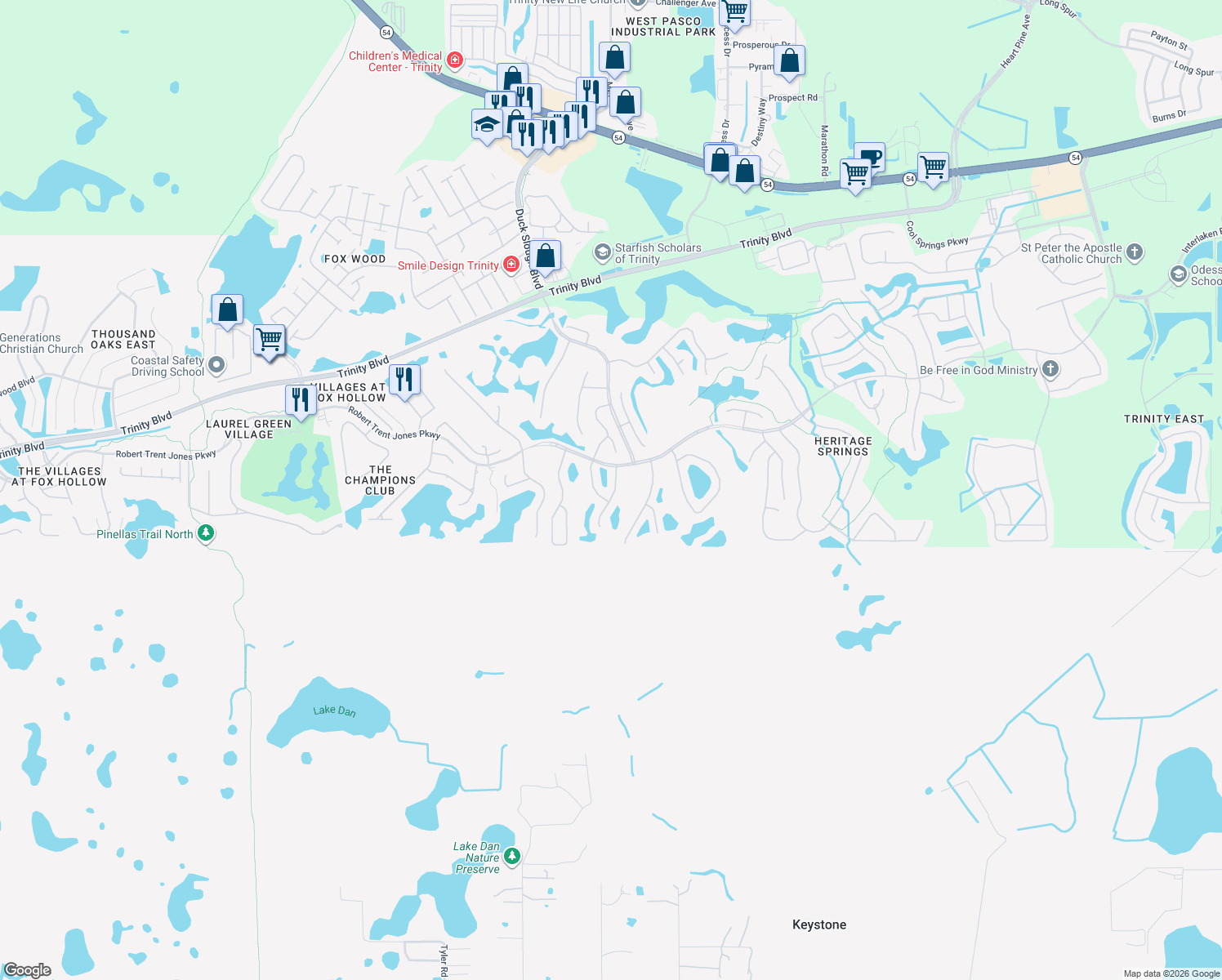 map of restaurants, bars, coffee shops, grocery stores, and more near 1227 Rambling Vine Court in Trinity