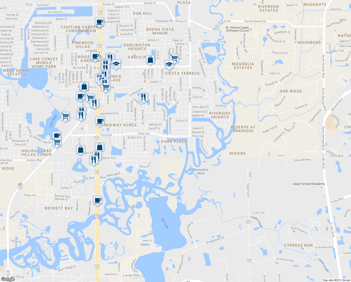 map of restaurants, bars, coffee shops, grocery stores, and more near 5311 Boardwalk St in Holiday