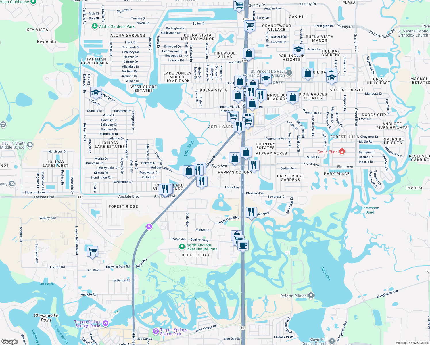 map of restaurants, bars, coffee shops, grocery stores, and more near 1152 Lord St in Holiday