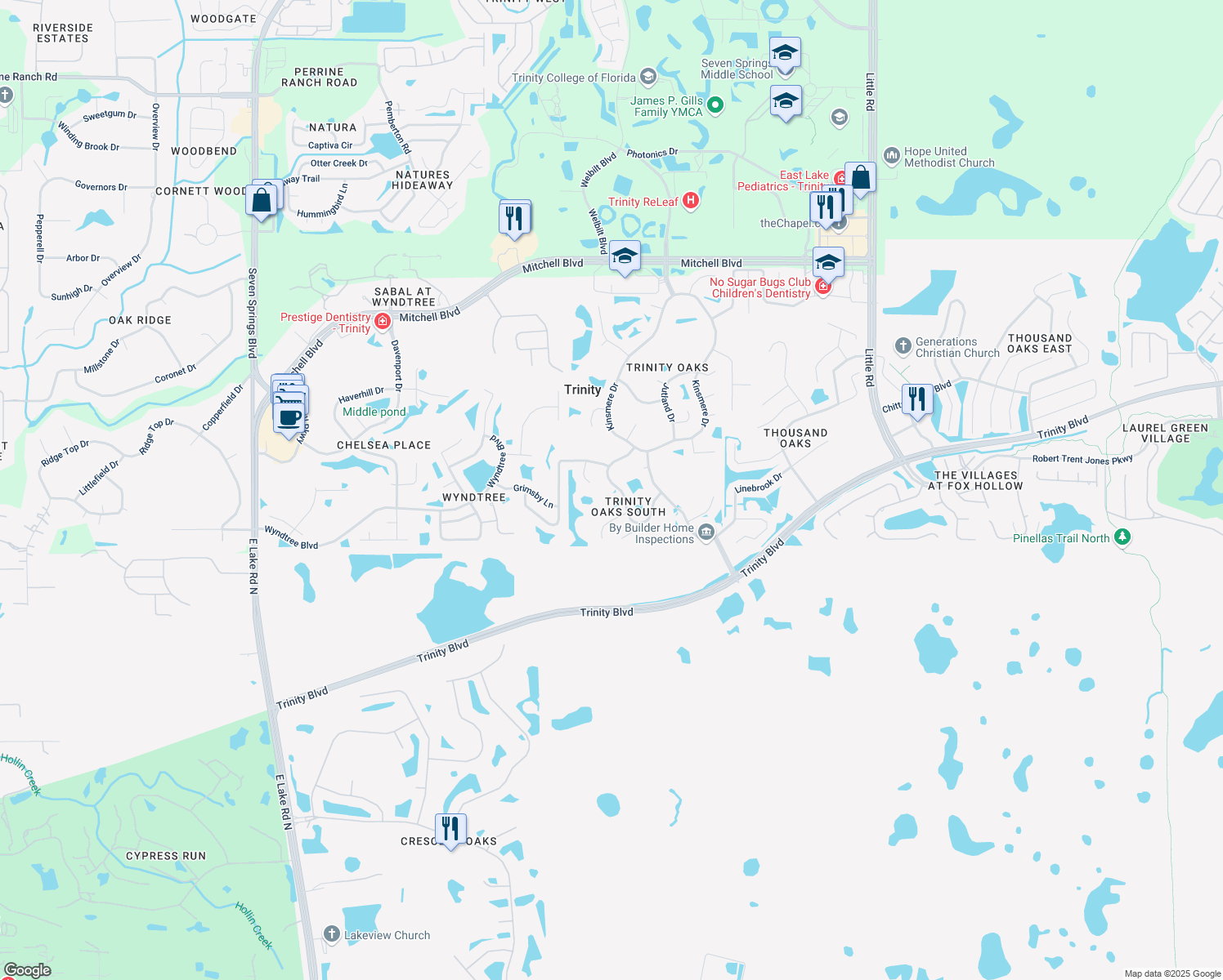 map of restaurants, bars, coffee shops, grocery stores, and more near 1151 Maravista Drive in Trinity