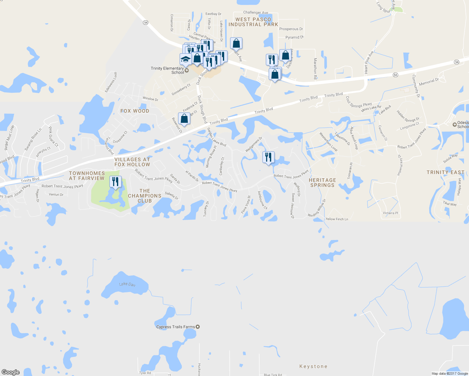 map of restaurants, bars, coffee shops, grocery stores, and more near 1249 Eveningside Court in Trinity