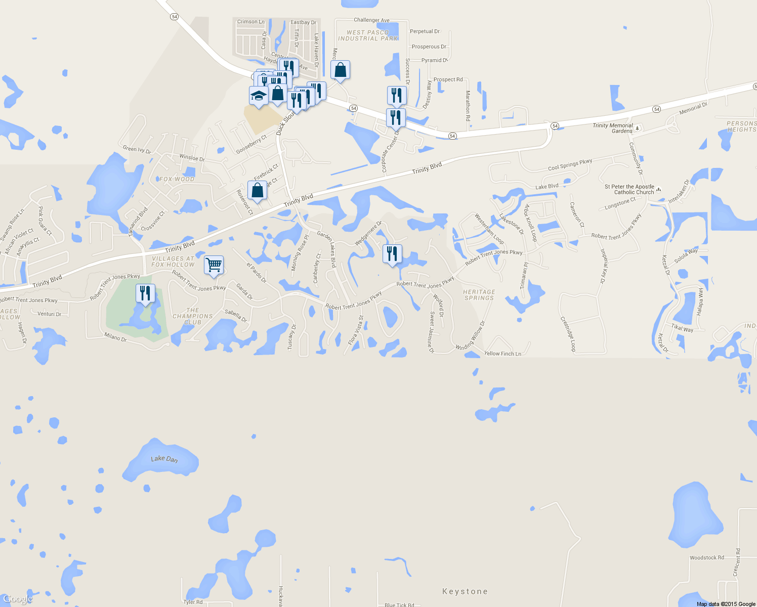 map of restaurants, bars, coffee shops, grocery stores, and more near 1010 Ashbourne Circle in Trinity