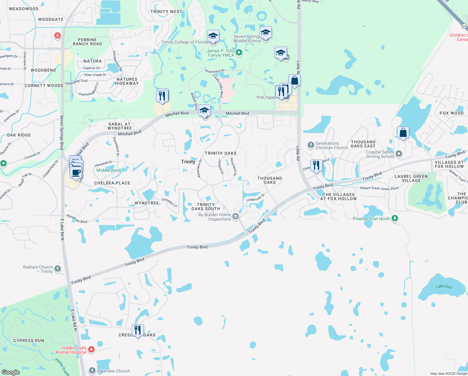 map of restaurants, bars, coffee shops, grocery stores, and more near 8414 Glengarry Place in Trinity