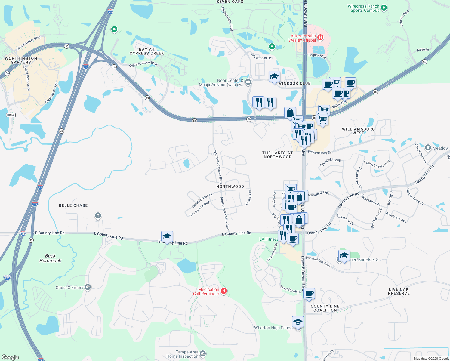 map of restaurants, bars, coffee shops, grocery stores, and more near 1530 Ocean Reef Road in Wesley Chapel
