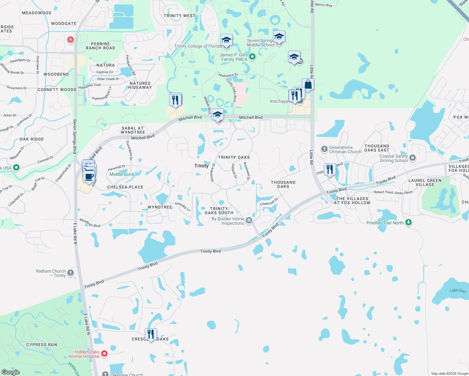 map of restaurants, bars, coffee shops, grocery stores, and more near 1877 Kinsmere Drive in Trinity