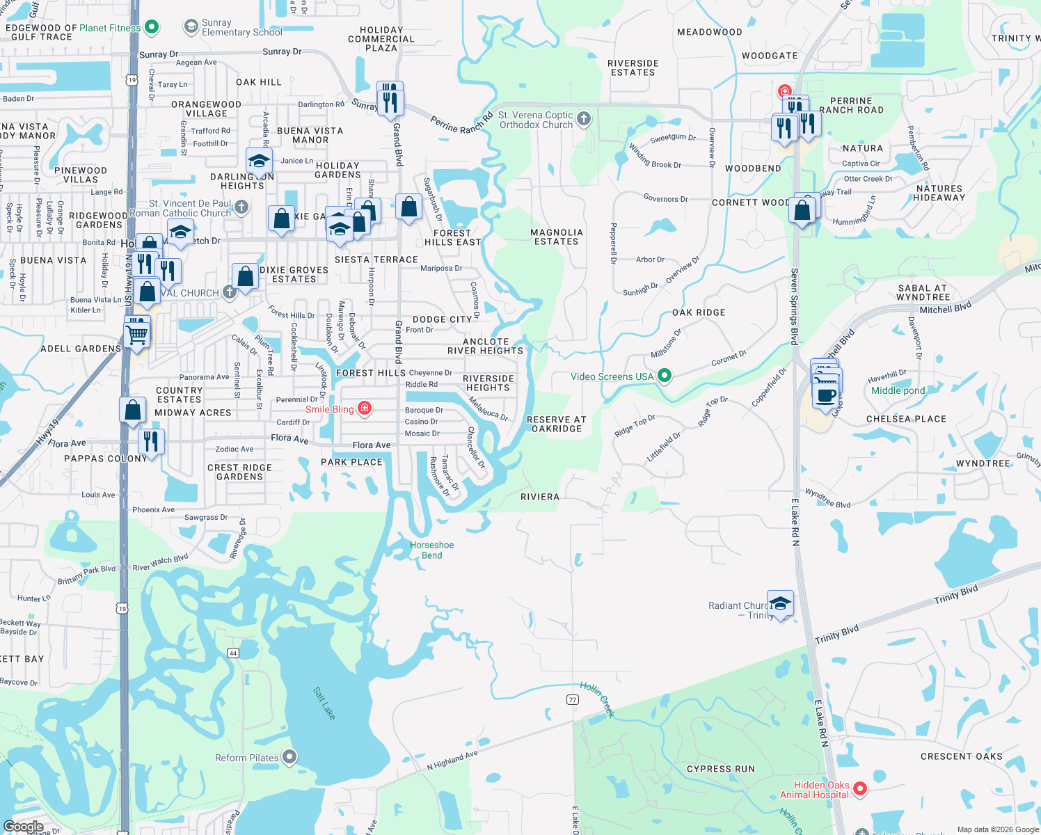 map of restaurants, bars, coffee shops, grocery stores, and more near 1326 Flotilla Drive in Holiday