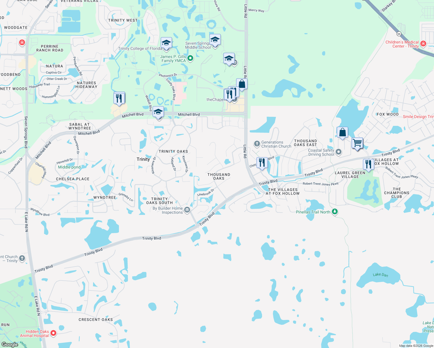 map of restaurants, bars, coffee shops, grocery stores, and more near 8648 Torchwood Drive in Trinity