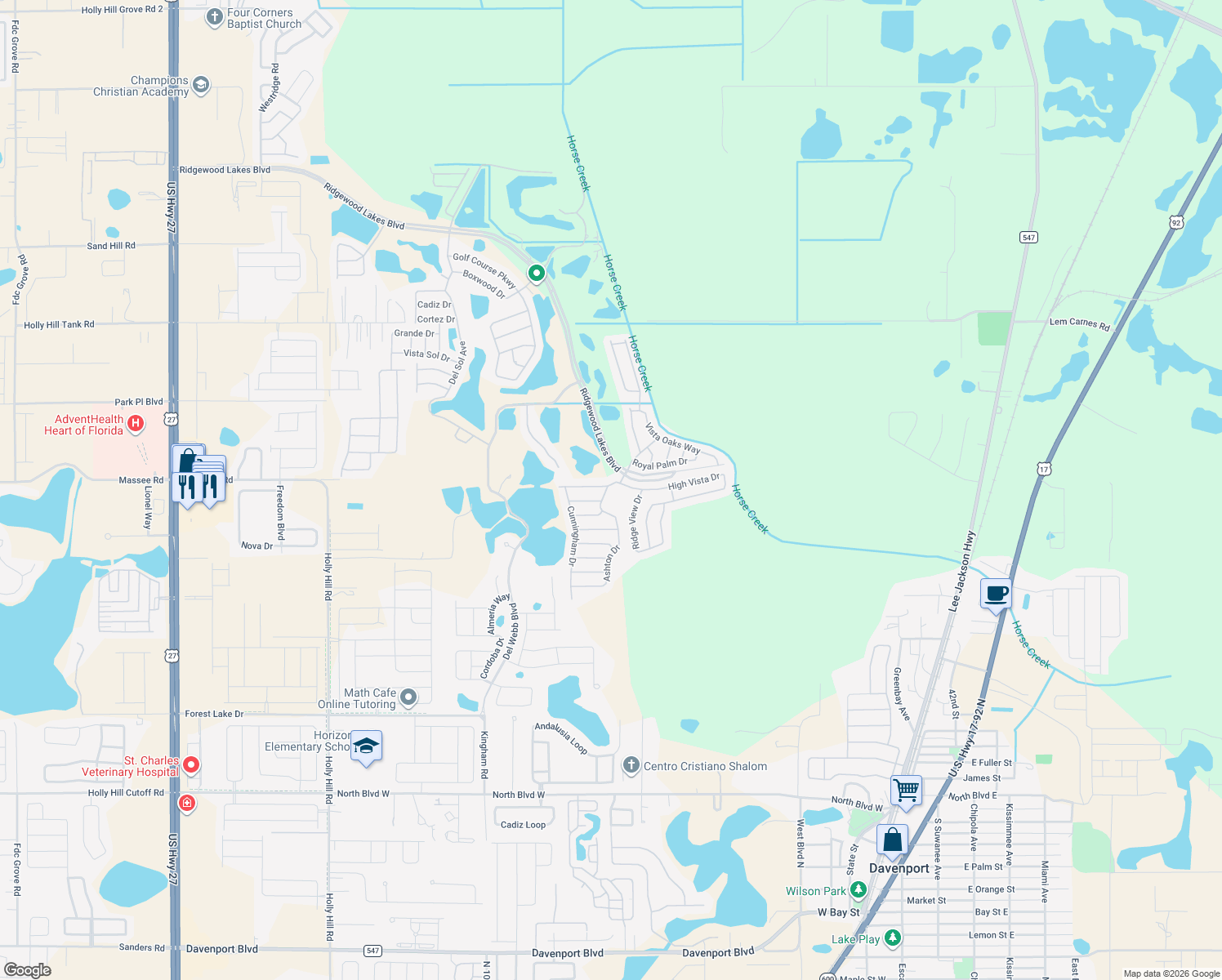 map of restaurants, bars, coffee shops, grocery stores, and more near 104 Ashton Drive in Davenport