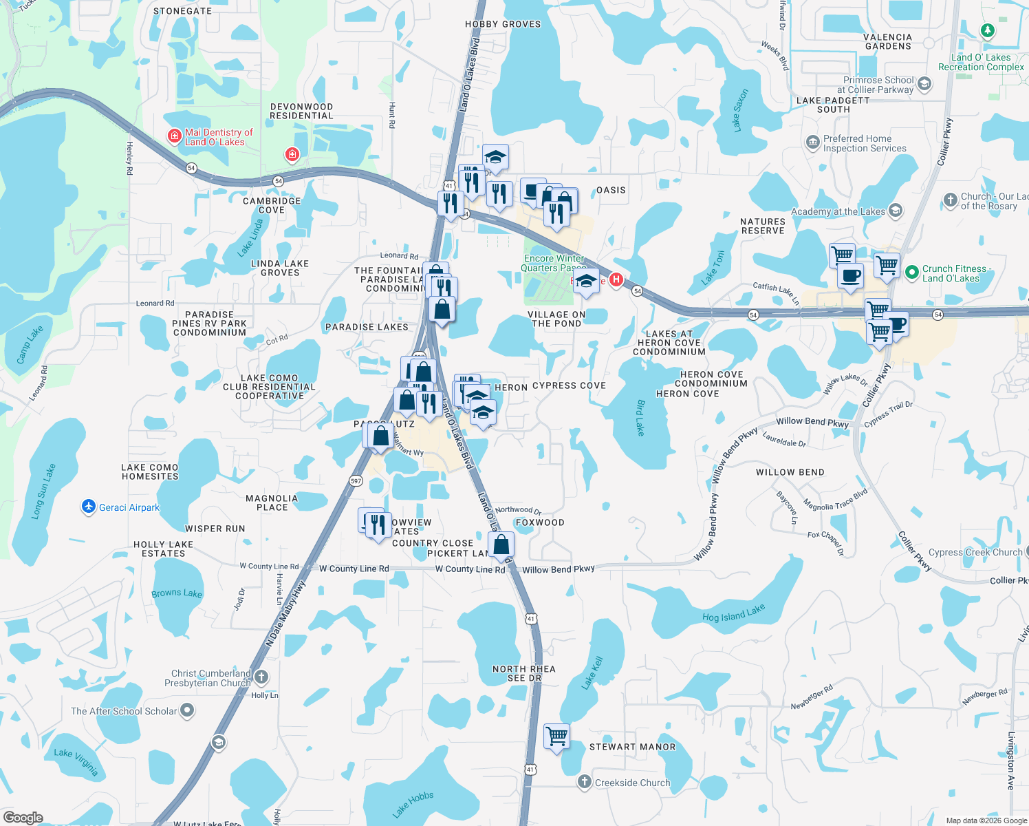 map of restaurants, bars, coffee shops, grocery stores, and more near 21544 Clubside Loop in Lutz