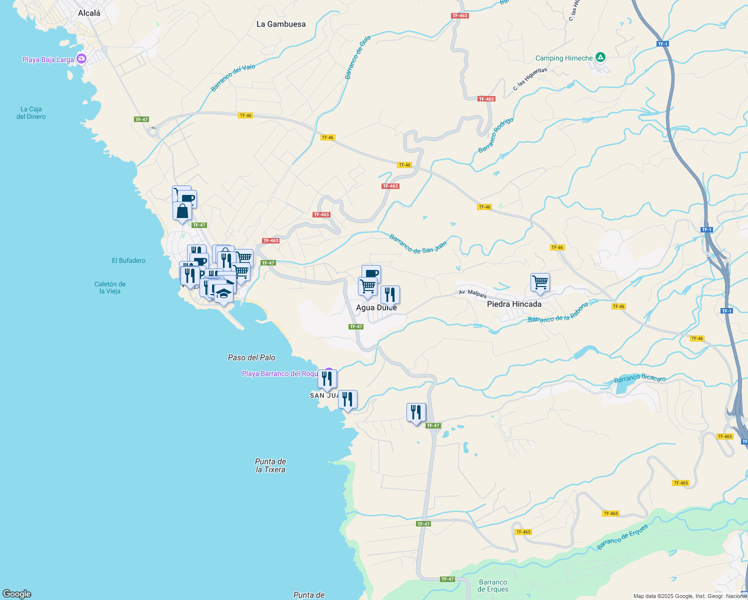 map of restaurants, bars, coffee shops, grocery stores, and more near 10 Calle Brezo in Guía de Isora