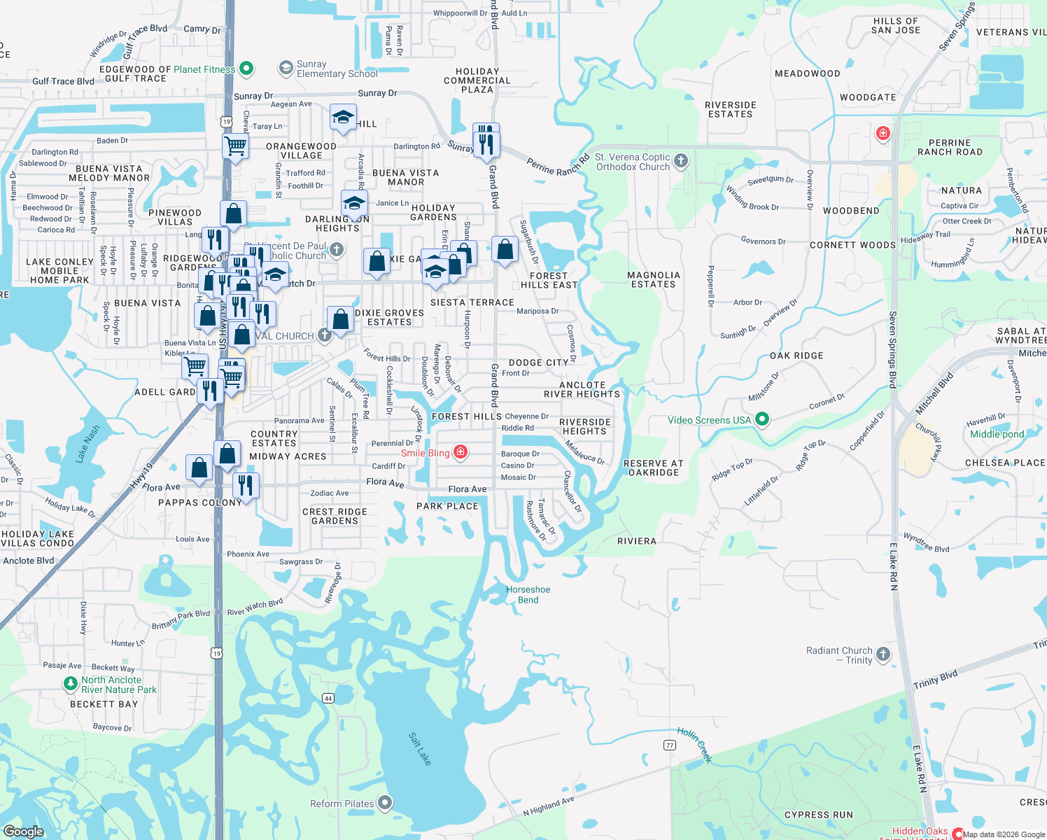map of restaurants, bars, coffee shops, grocery stores, and more near 5604 Cheyenne Drive in Holiday