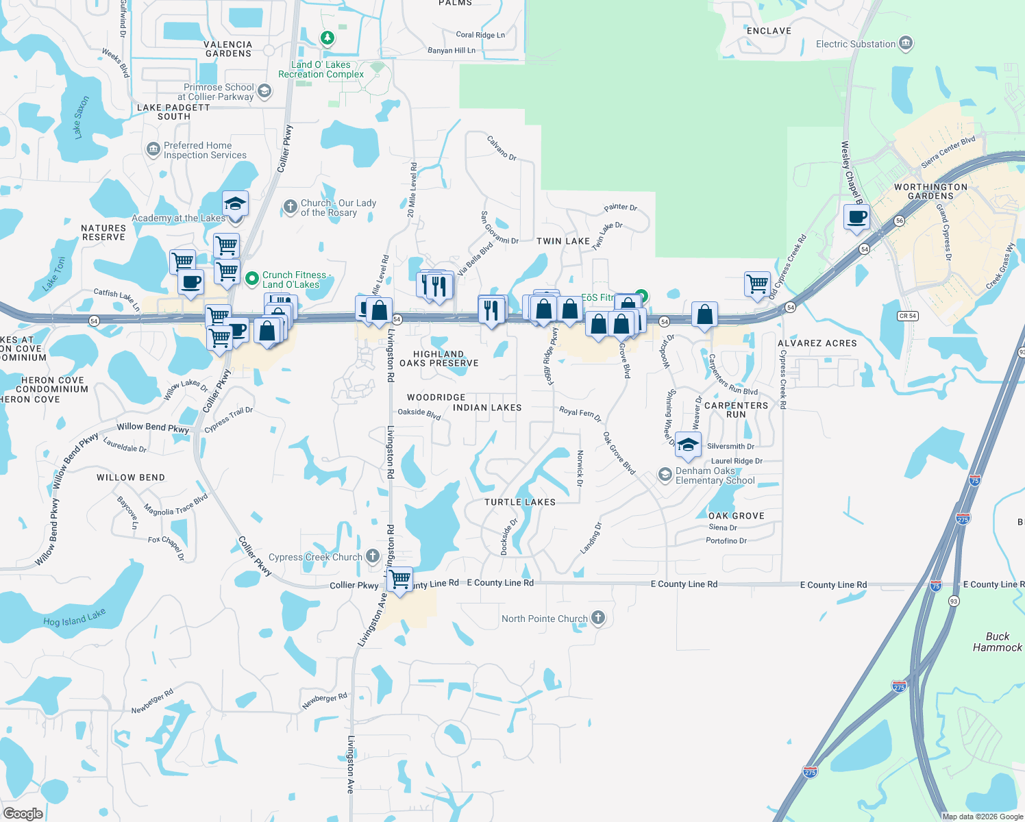 map of restaurants, bars, coffee shops, grocery stores, and more near 1629 Canoe Drive in Lutz