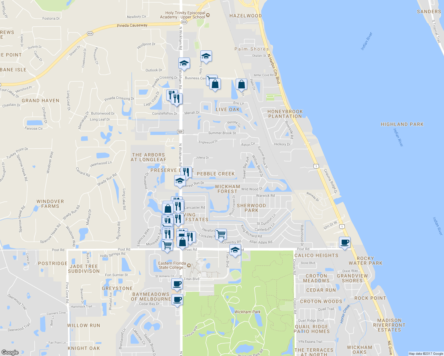 map of restaurants, bars, coffee shops, grocery stores, and more near 2968 Pebble Creek Street in Melbourne