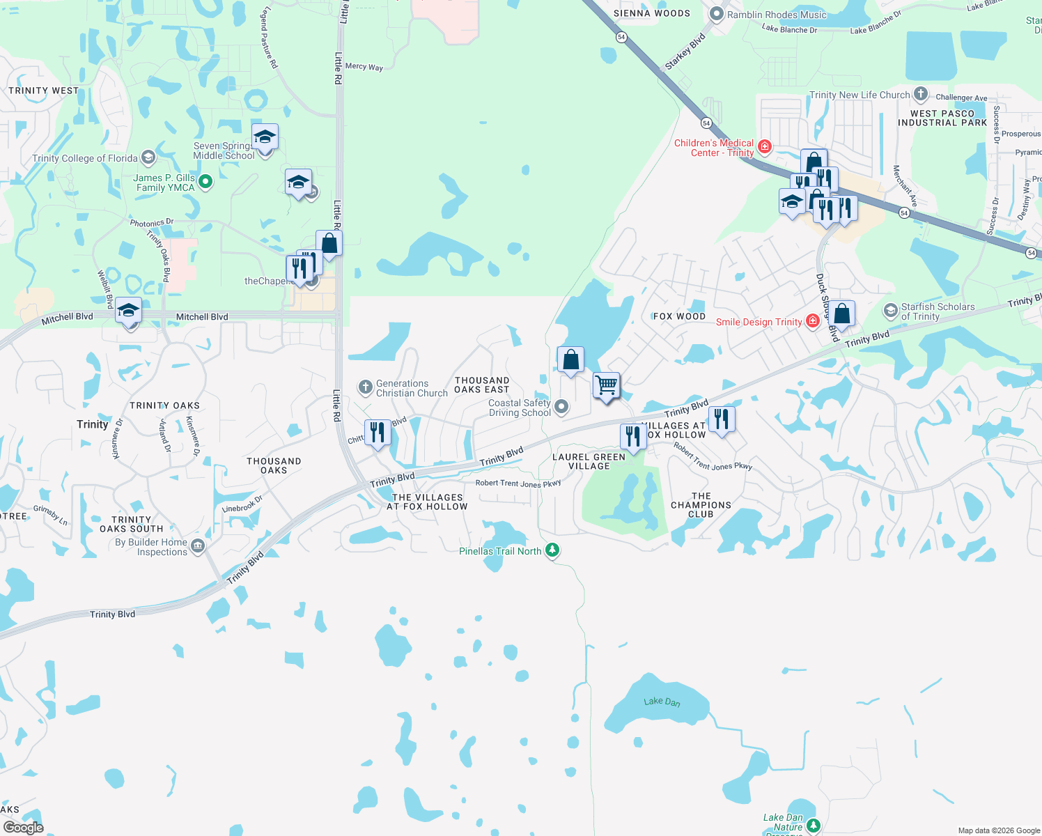 map of restaurants, bars, coffee shops, grocery stores, and more near 9540 Trumpet Vine Loop in Trinity