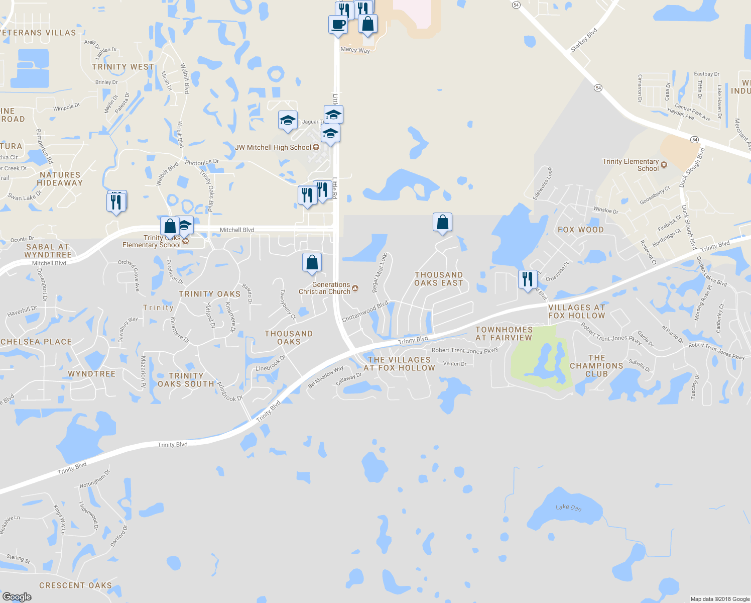map of restaurants, bars, coffee shops, grocery stores, and more near 1533 Regal Mist Loop in Trinity