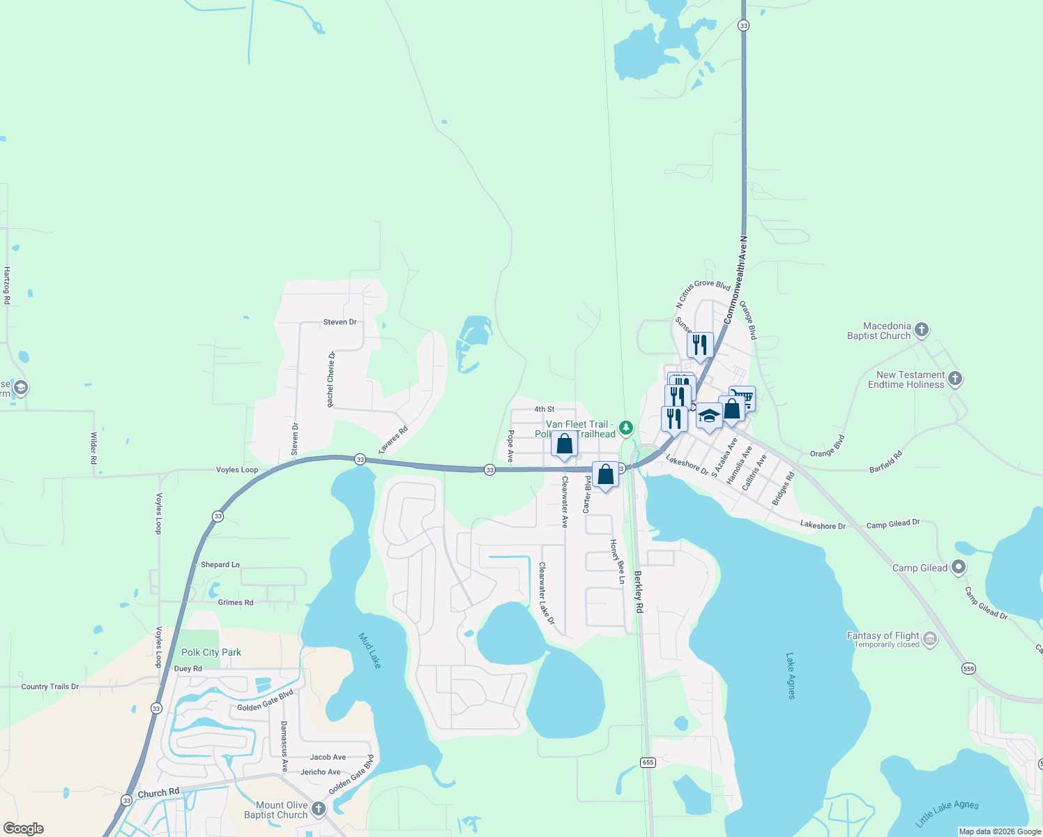 map of restaurants, bars, coffee shops, grocery stores, and more near 730 3rd Street in Polk City