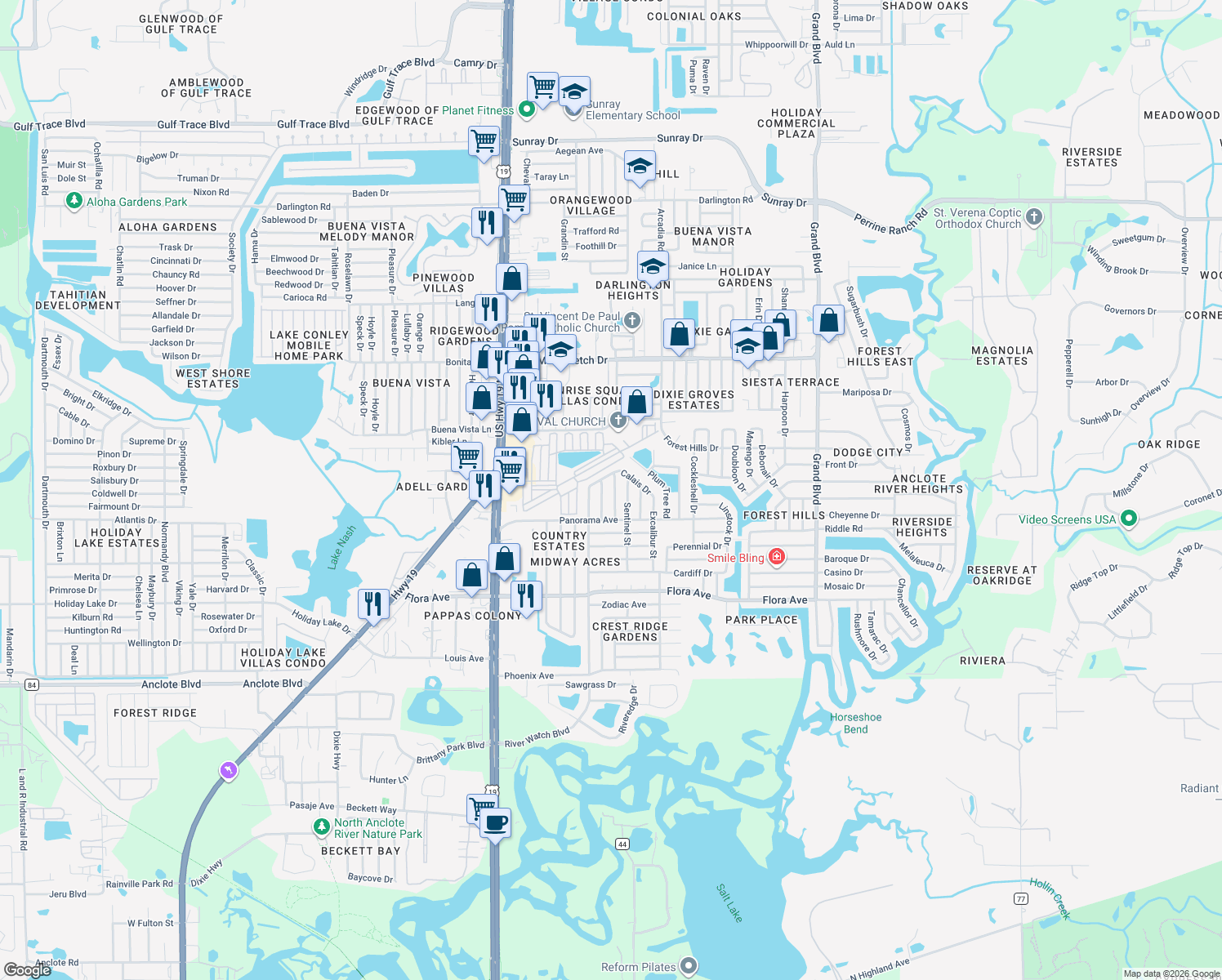 map of restaurants, bars, coffee shops, grocery stores, and more near 1551 Derrick Street in Holiday