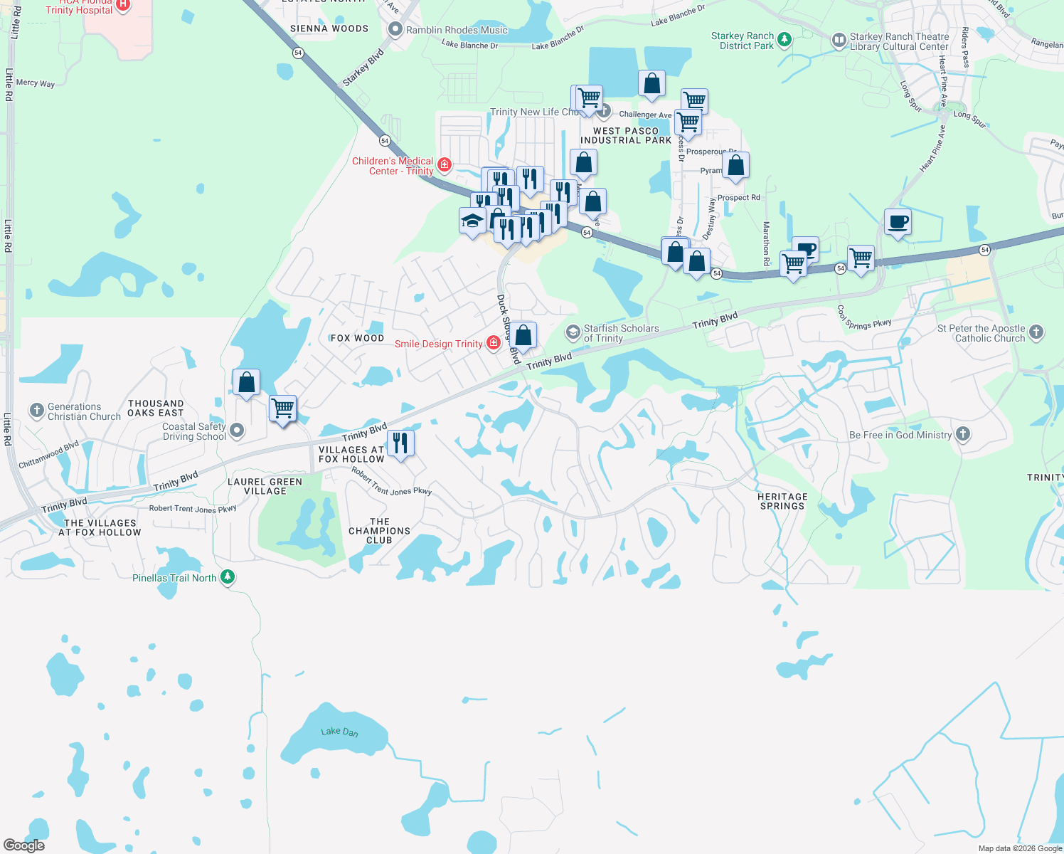 map of restaurants, bars, coffee shops, grocery stores, and more near 1543 Morning Rose Pl in Trinity