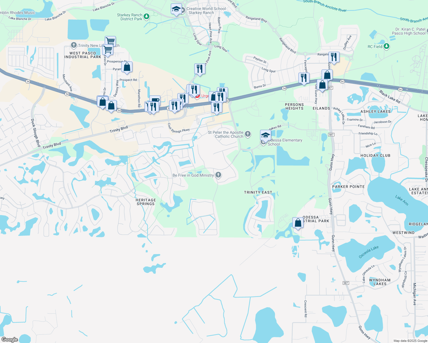 map of restaurants, bars, coffee shops, grocery stores, and more near 1626 Imperial Key Drive in Trinity