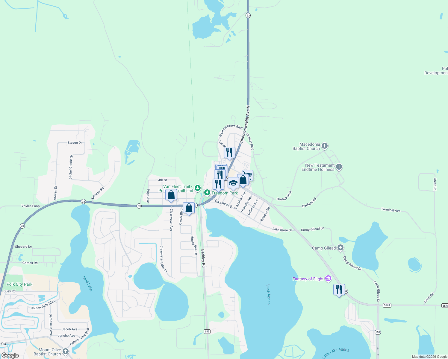 map of restaurants, bars, coffee shops, grocery stores, and more near Florida 33 in Polk City