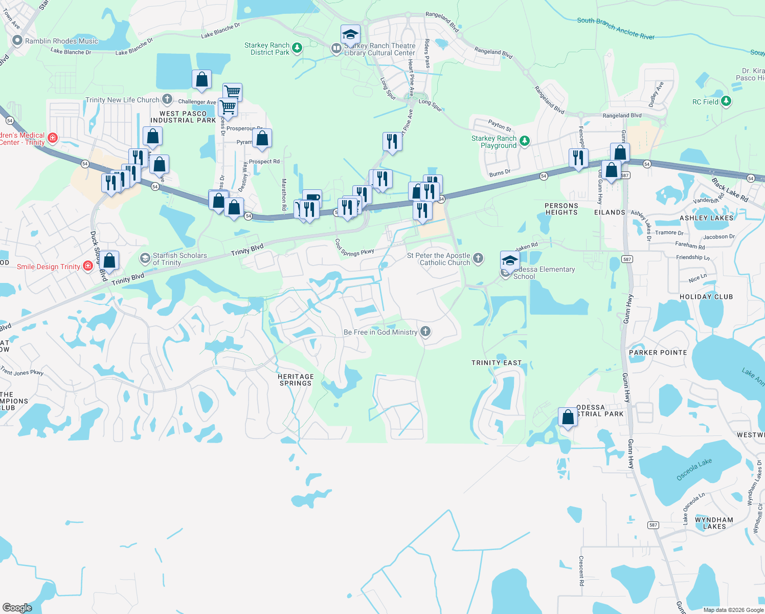 map of restaurants, bars, coffee shops, grocery stores, and more near 1937 Arbor Knoll Loop in Trinity
