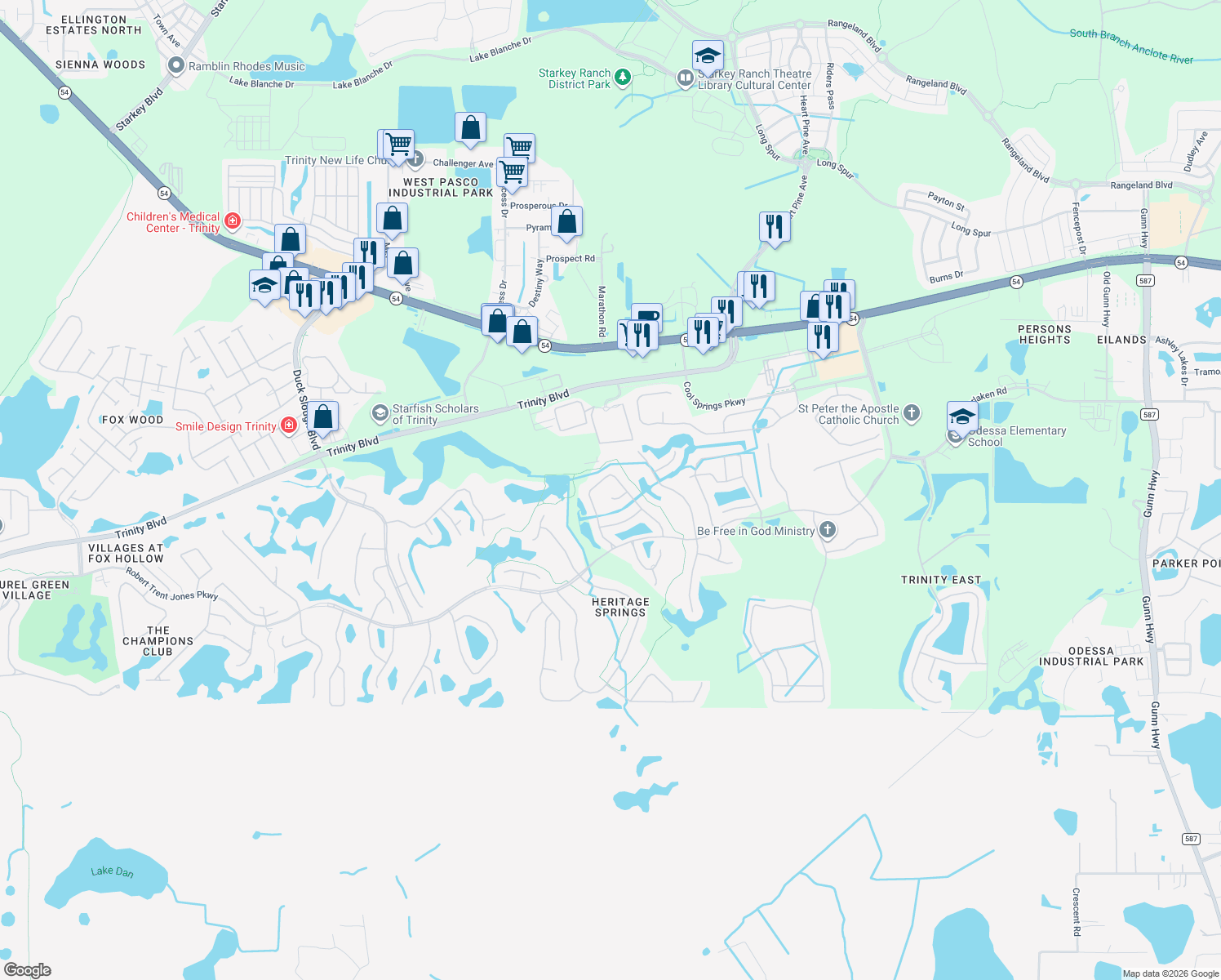 map of restaurants, bars, coffee shops, grocery stores, and more near 11751 Aintree Court in Trinity