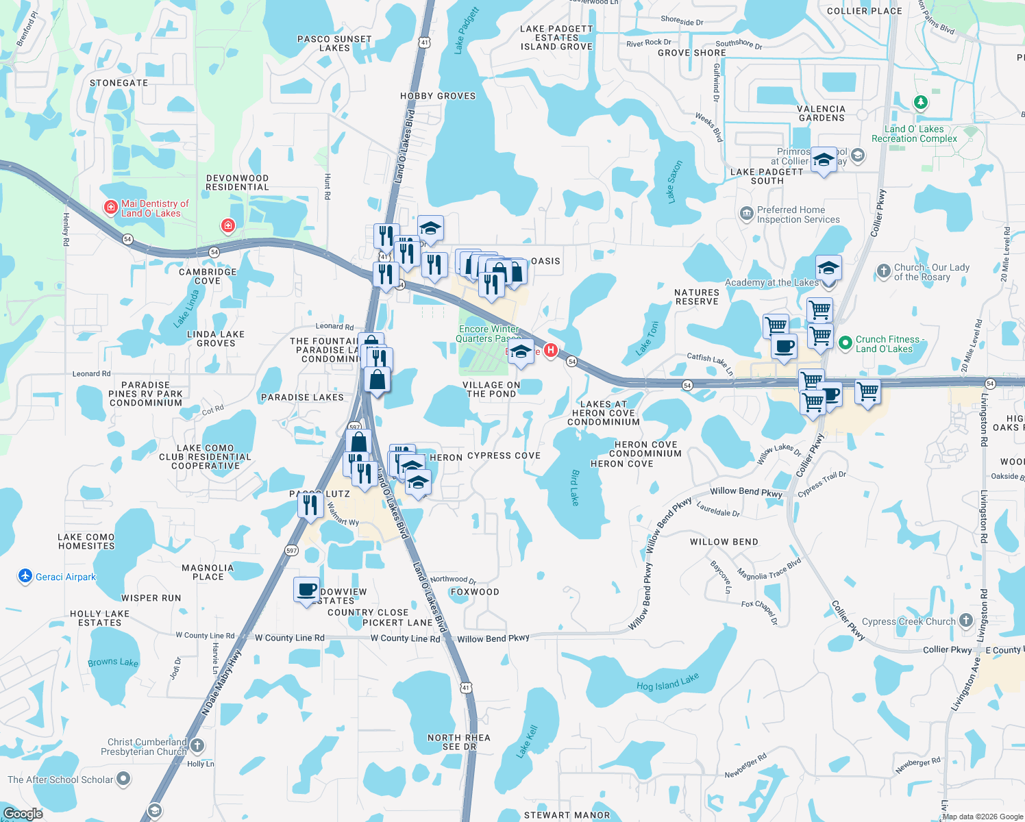 map of restaurants, bars, coffee shops, grocery stores, and more near 1828 Osprey Lane in Lutz