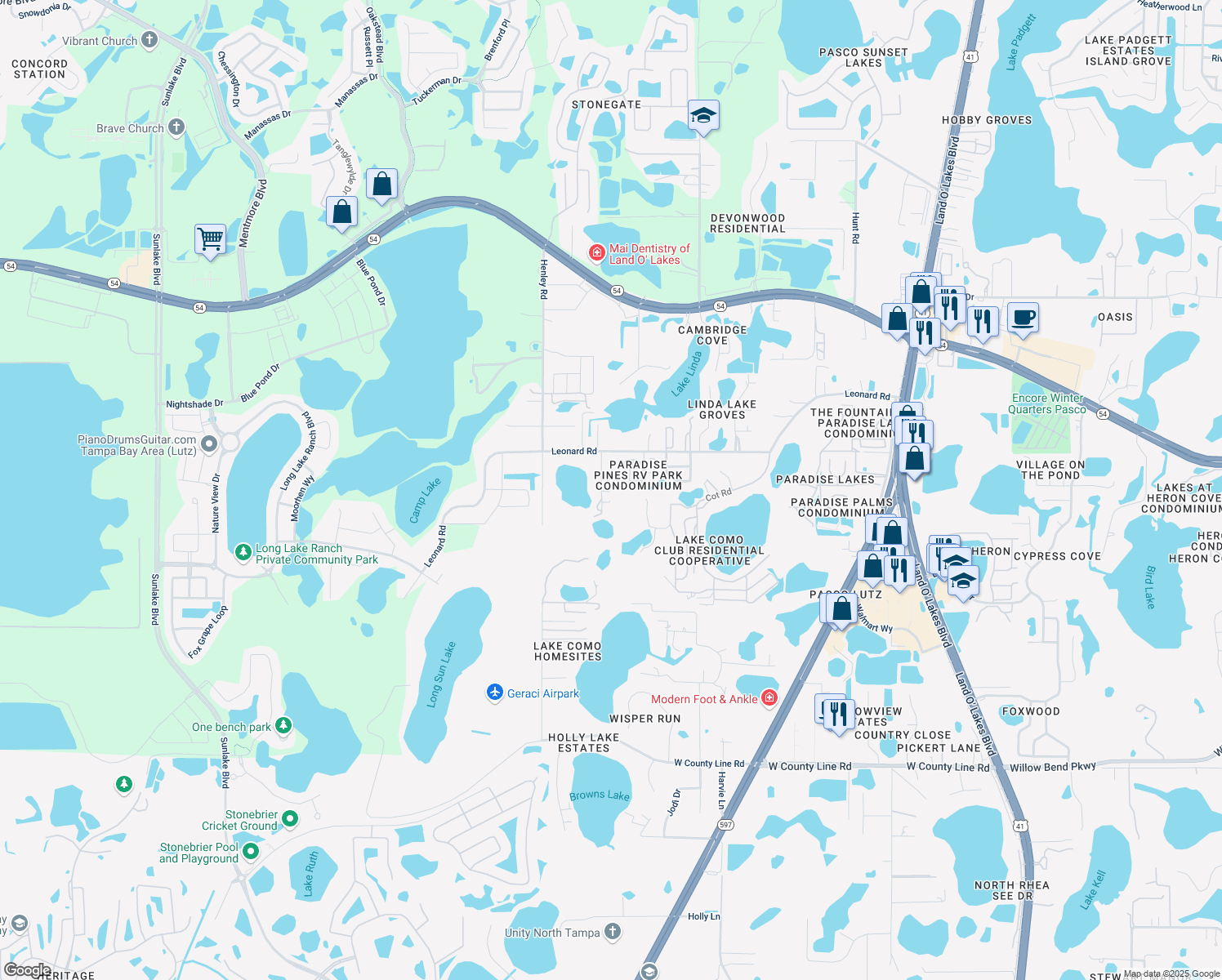 map of restaurants, bars, coffee shops, grocery stores, and more near 1840 Alto Lane in Lutz