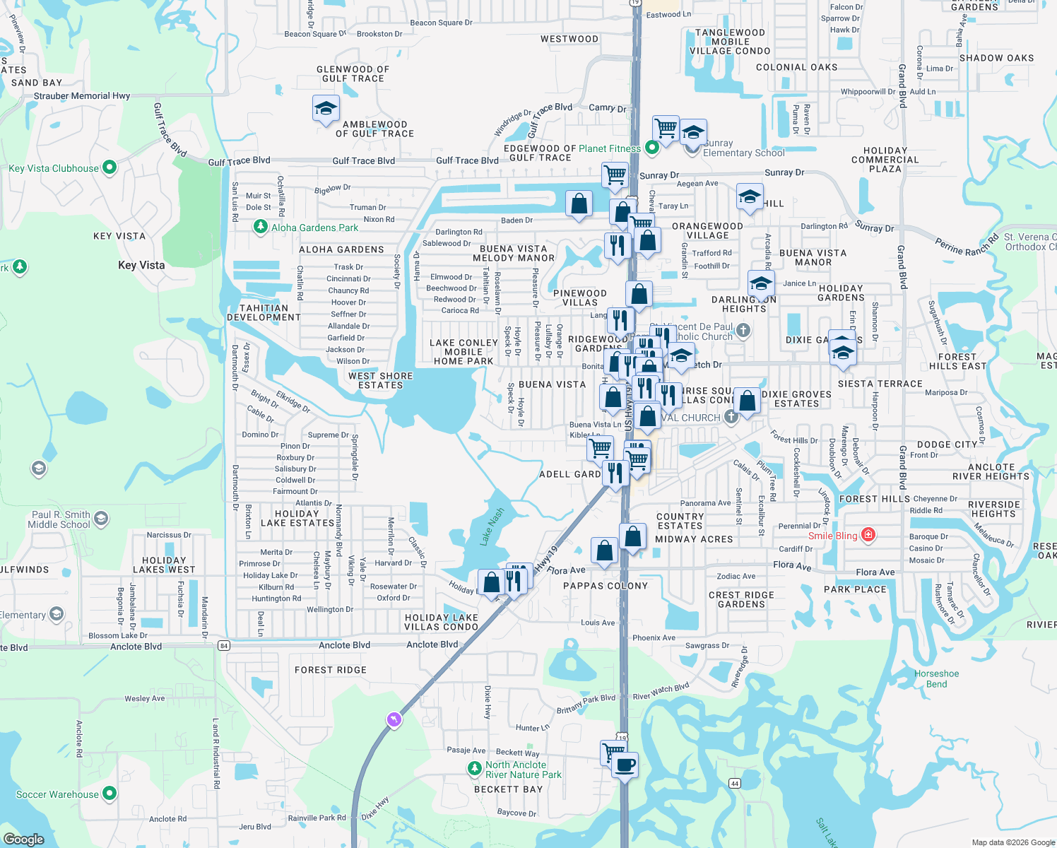 map of restaurants, bars, coffee shops, grocery stores, and more near 1749 Shady Cove Drive in Holiday