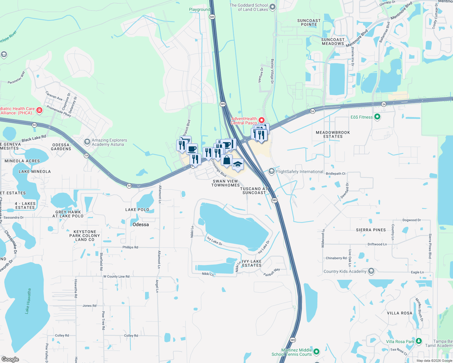 map of restaurants, bars, coffee shops, grocery stores, and more near 16320 Swan View Circle in Odessa