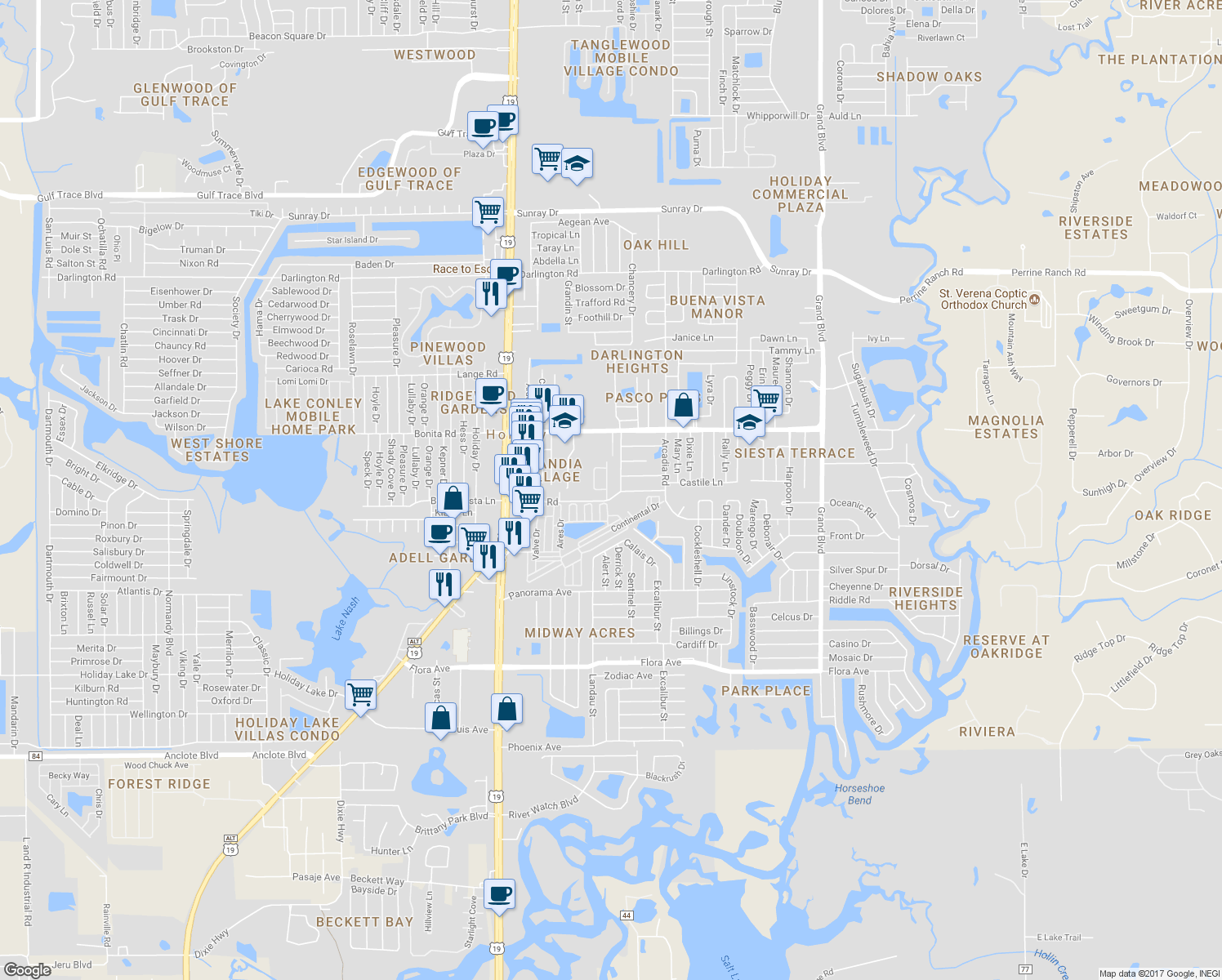 map of restaurants, bars, coffee shops, grocery stores, and more near 1804 Rising Sun Drive in Holiday