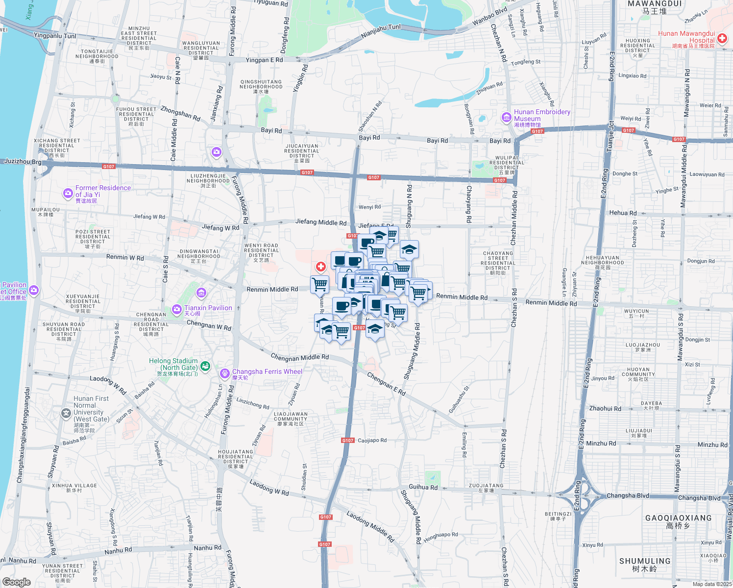 map of restaurants, bars, coffee shops, grocery stores, and more near in Changsha