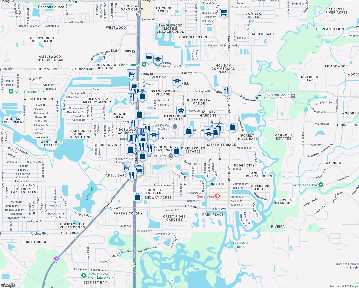 map of restaurants, bars, coffee shops, grocery stores, and more near 4928 Lake Ridge Lane in Holiday