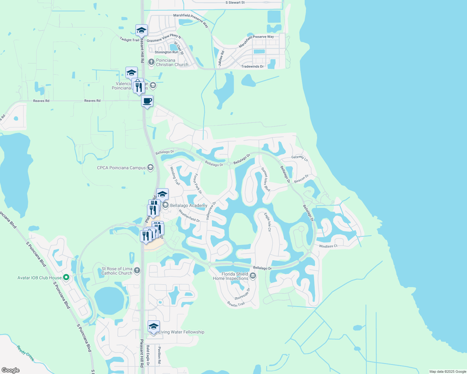 map of restaurants, bars, coffee shops, grocery stores, and more near 3521 Valleyview Drive in Kissimmee
