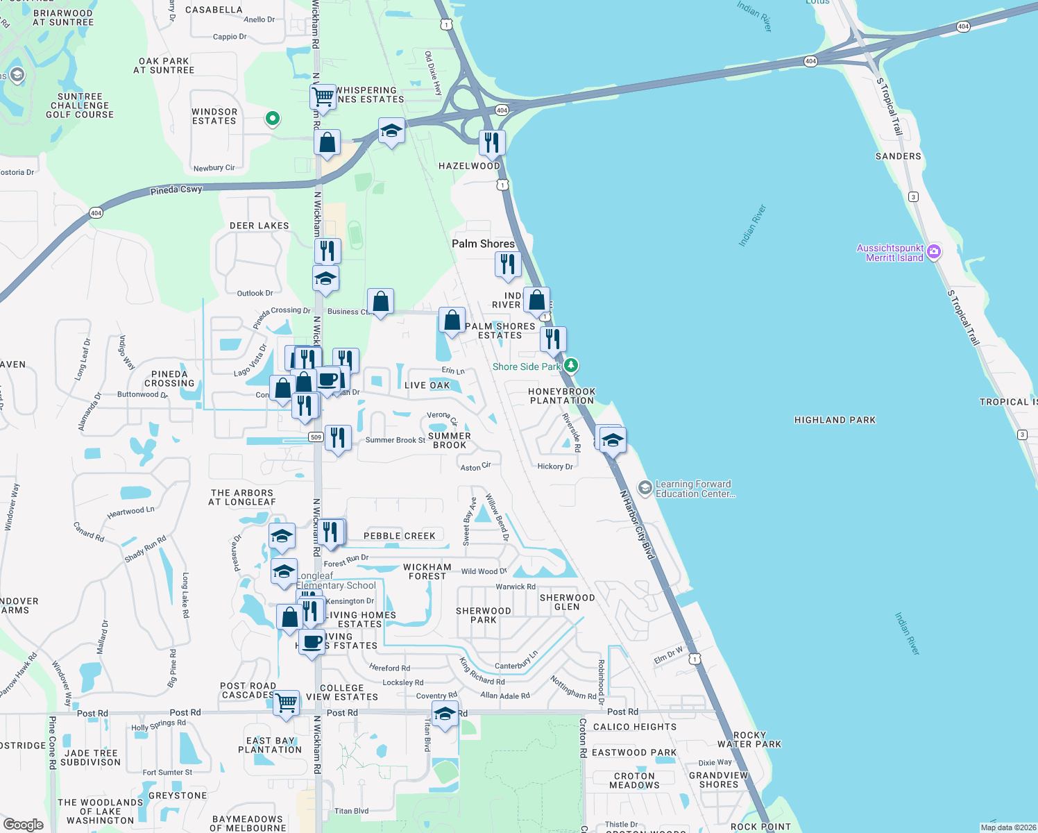 map of restaurants, bars, coffee shops, grocery stores, and more near 4885 Hidden Creek Road in Melbourne