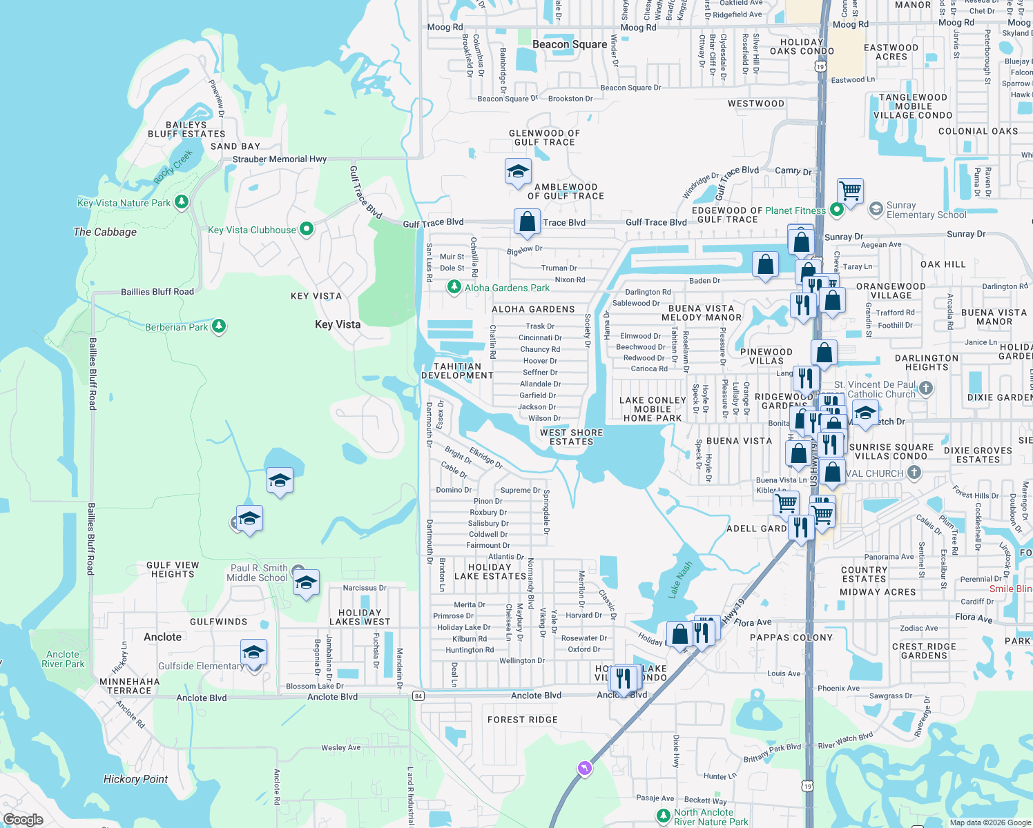 map of restaurants, bars, coffee shops, grocery stores, and more near 3332 Wilson Drive in Holiday