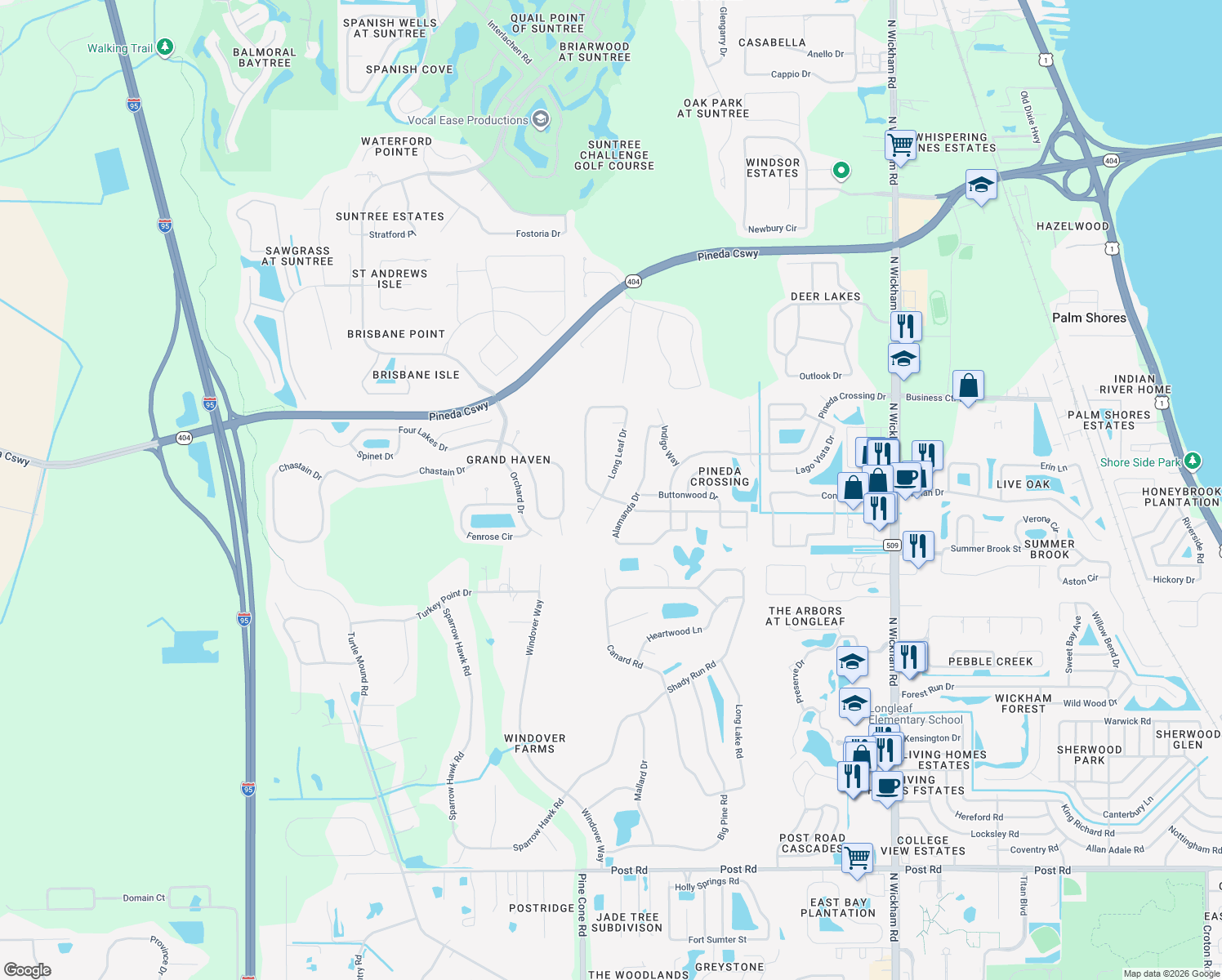 map of restaurants, bars, coffee shops, grocery stores, and more near 4373 Long Leaf Drive in Melbourne