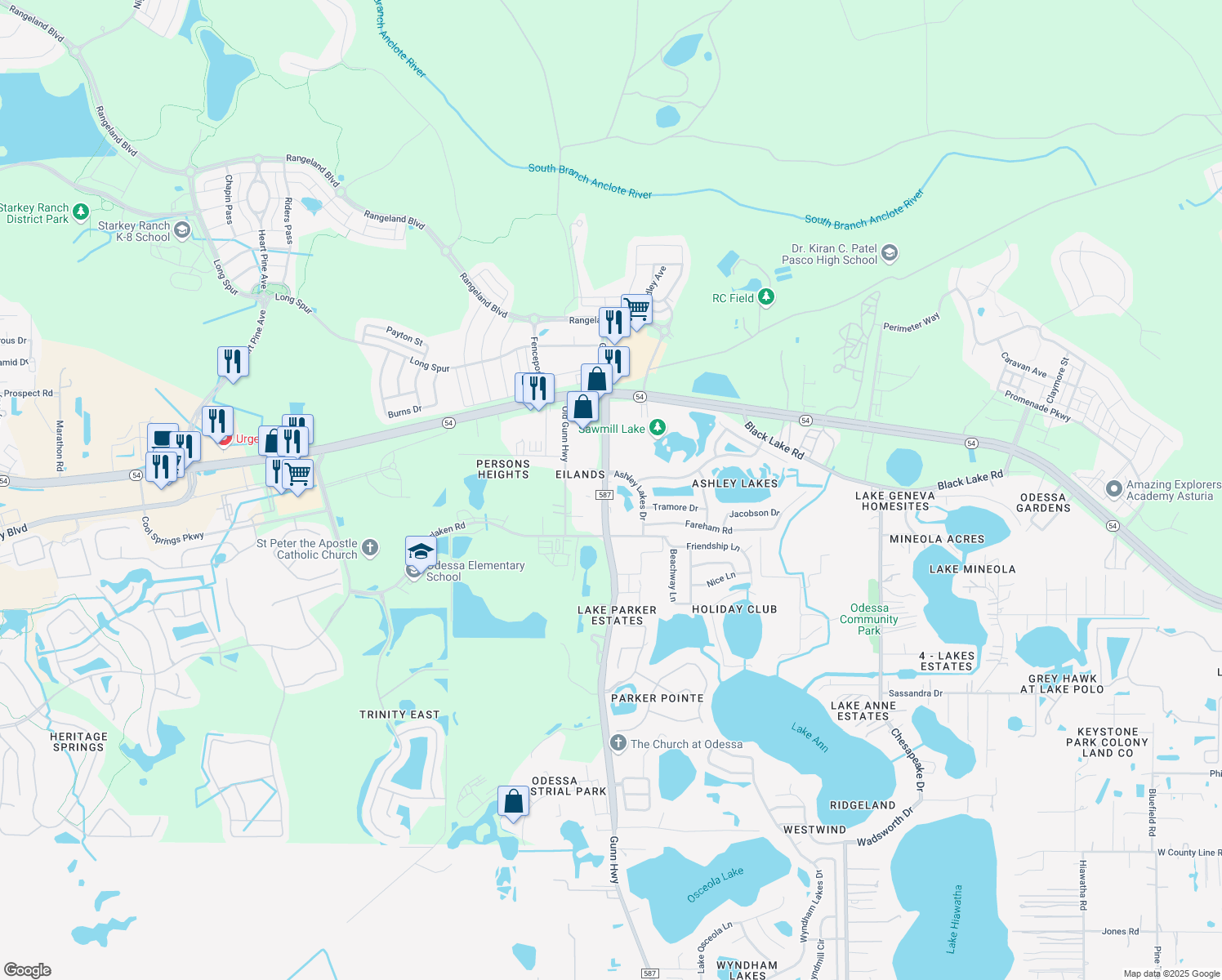 map of restaurants, bars, coffee shops, grocery stores, and more near 2193 Mullins Way in Odessa